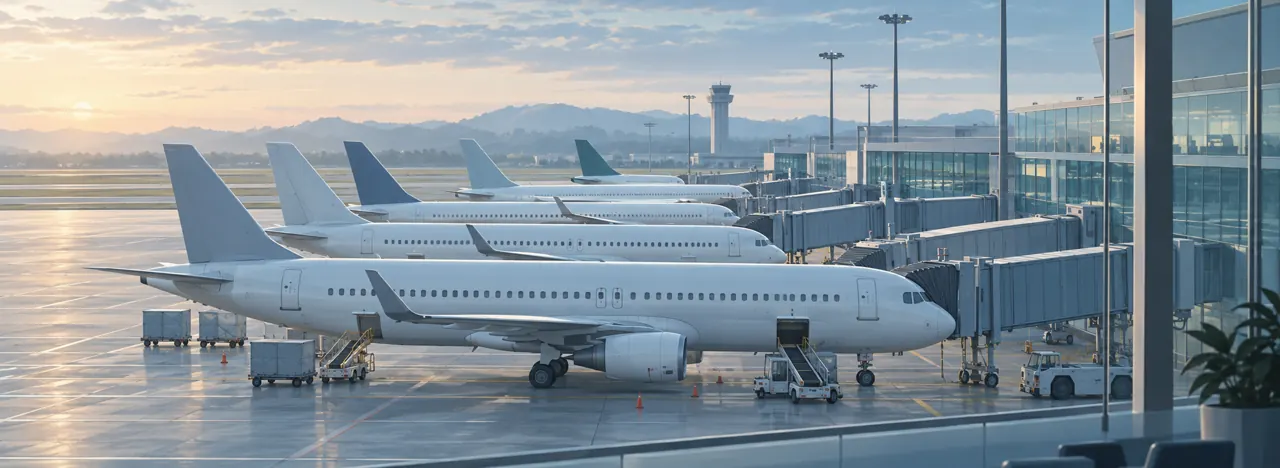 Illustration of unbranded aircraft at airport gates