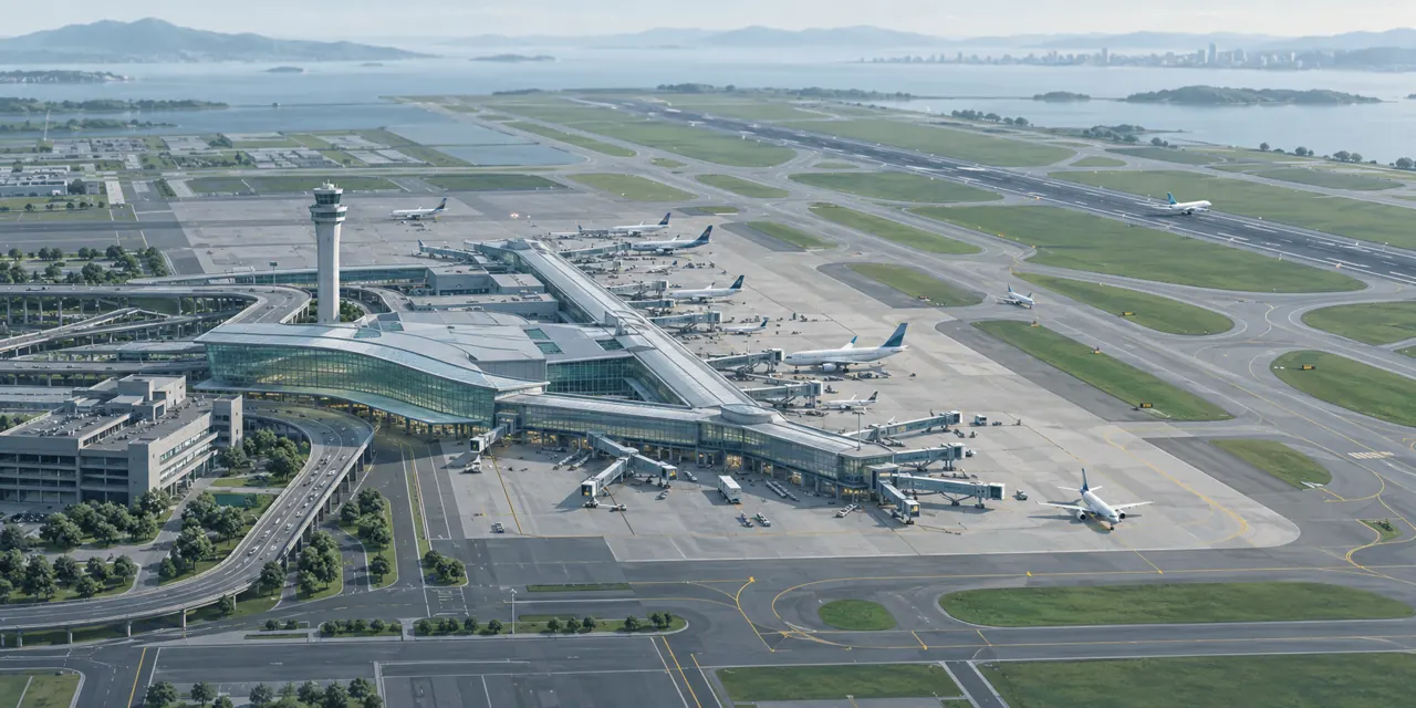 Illustration of an anonymous airport terminal and runways