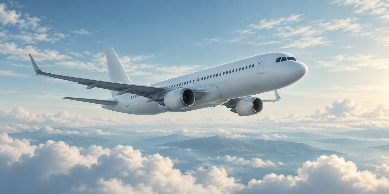 Illustration of an unbranded passenger aircraft above clouds