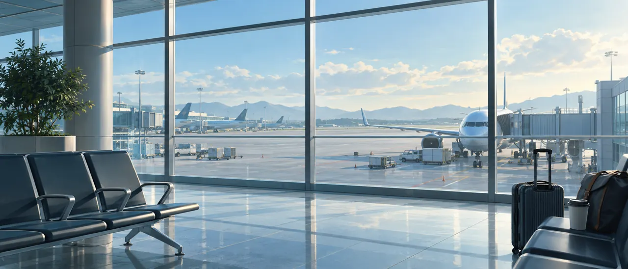 Illustration of an airport terminal overlooking aircraft gates